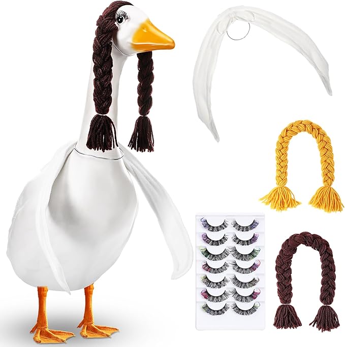 Aliceset 6 pcs Porch Goose Wings with Wigs Eyelash Cute Goosey Braid Wigs PoseAble Wings Reusable 3D Salon Eyelashes with Color for 23/17'' Outdoor Patio Yard Lawn Art Decoration