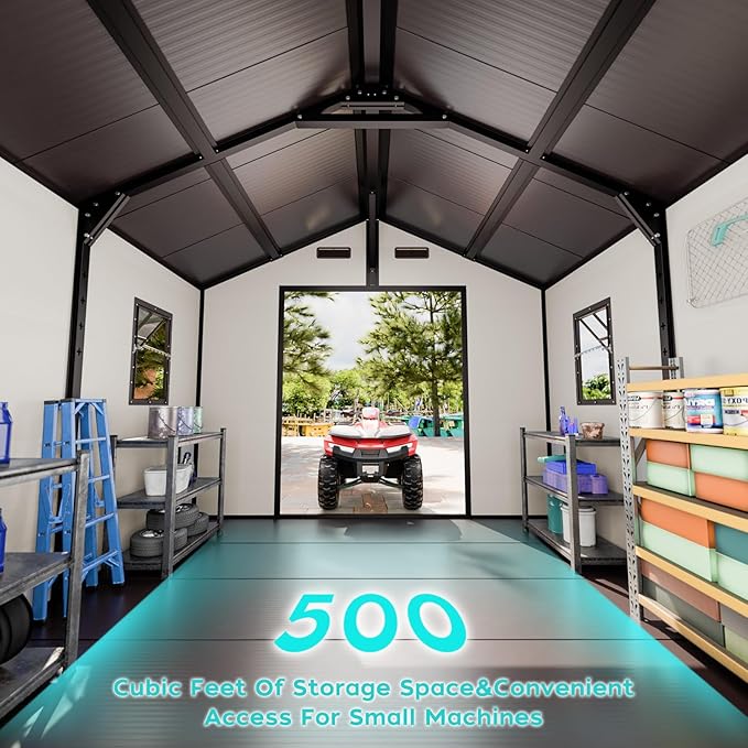 Plastic Shed 8x8 Outdoor Storage Resin Sheds, 2 Lockable Awning Windows, Reinforced Steel Frame, Heavy-Duty Resin Garden Shed for Backyard, Patio, Tool & Bike Storage