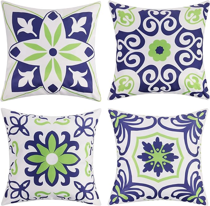 Pyonic Set of 4 Outdoor Pillow Covers 18x18 Waterproof Decorative Throw Pillow Covers Floral Printed Farmhouse Boho Pillowcase for Patio Funiture Garden Navy Blue