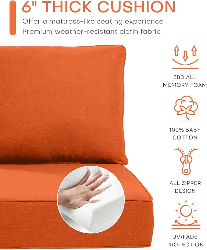 Luxury 22x24/22x25 6-Inch Outdoor Seat Cushions - Set of 2 Water Resistant Patio Chair Replacement Cushion for Porch Rattan Dining Rocker Glider Chairs Loveseat Couch Sectional Sofa - Orange