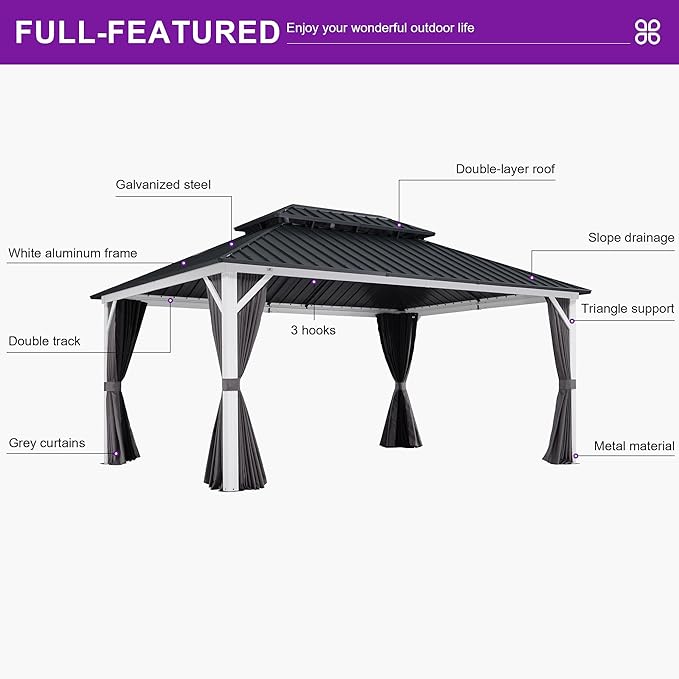 PURPLE LEAF 12' X 16' Outdoor Gazebo Hardtop Metal Roof White Aluminum Frame Grill Gazebos with Curtain and Netting for Patio, Garden and Backyard, Grey
