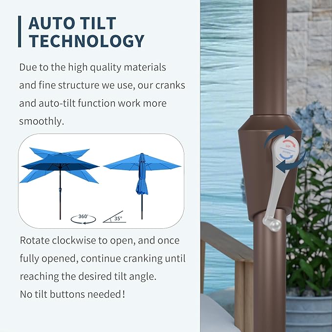 PatioKingdom Auto-Tilt 9FT Patio Umbrella Outdoor with 8 Sturdy Fiberglass Ribs,Market Table Umbrella for Pool,Backyard,Deck and Garden