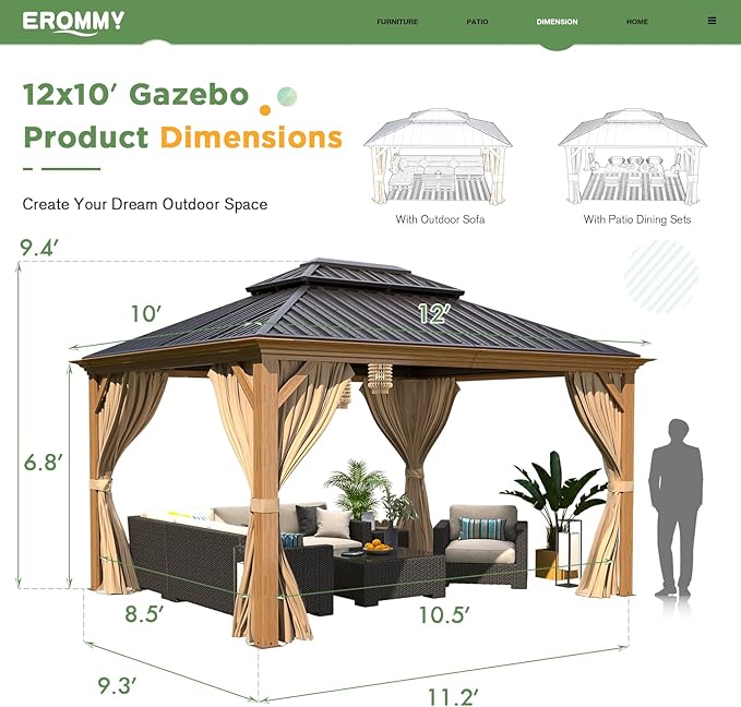 EROMMY 10'x12' Gazebo, Wood Grain Aluminum Frame Canopy with Double Galvanized Steel Hardtop Roof, Outdoor Permanent Metal Pavilion with Curtains and Nettings for Patio, Backyard and Deck