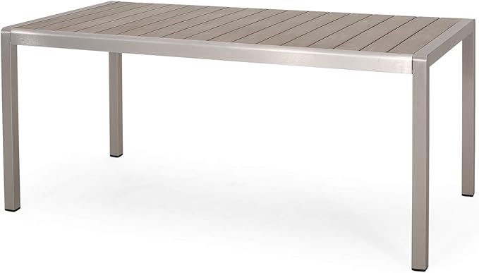 Great Deal Furniture Hannah Outdoor Modern Aluminum Dining Table with Faux Wood Table Top, Natural and Silver