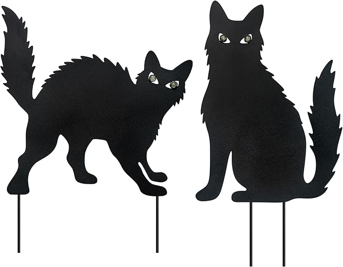 WAIU Halloween Metal Cat Yard Stakes Glow in The Dark Black Cat Silhouette Outdoor Decor for Garden Lawn Patio Spooky Halloween Party Yard Art Decoration, Set of 2