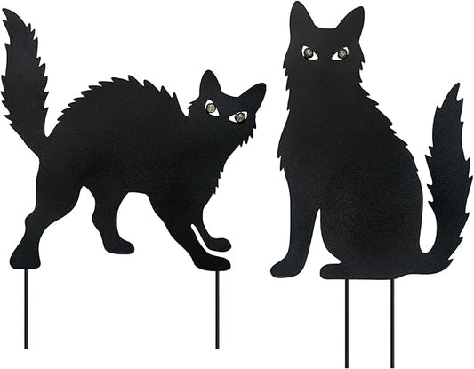 WAIU Halloween Metal Cat Yard Stakes Glow in The Dark Black Cat Silhouette Outdoor Decor for Garden Lawn Patio Spooky Halloween Party Yard Art Decoration, Set of 2
