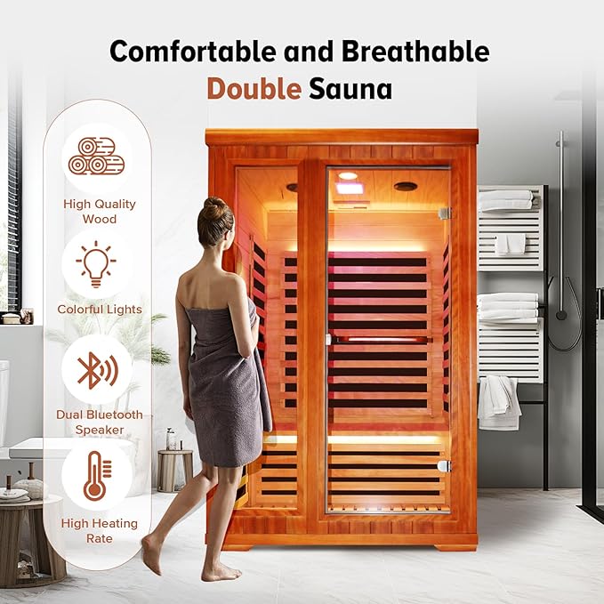 Far Infrared Home Sauna 2 Person Indoor Sauna Dry Wood Spa Room 1880W 110V with Red Light Control Panel, Bluetooth Speaker, Reading Lamp