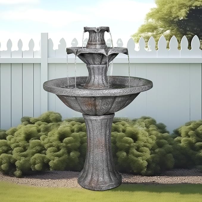 Marble Finish Concrete Outdoor Water Fountains 2-Tier Decor Dark Castle Designed 41.7" H Waterfall Fountains for Yard, Garden, Deck, Patio, Backyard, Porch, Lawn