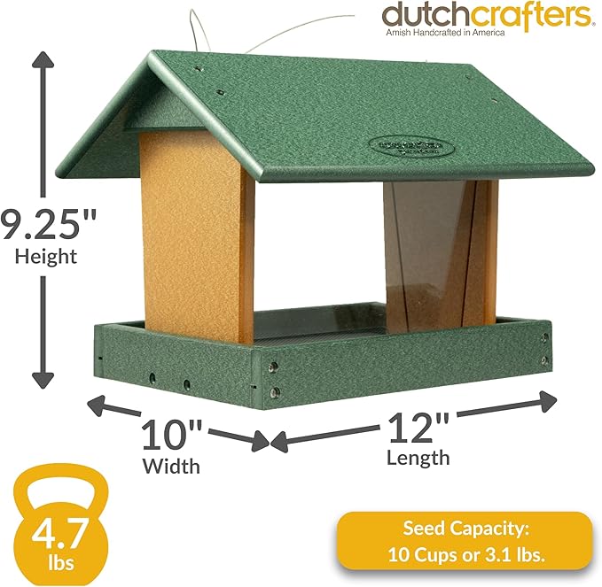 DutchCrafters Poly Hanging Hopper Bird Feeder, Large Hanging Bird Feeder for Outside, Outdoors - Amish American Made (Turf Green & Cedar)