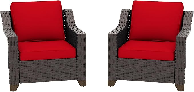 Patio 2 Pieces Chairs Set of 2 with Removable and Washable Covers，Outdoor PE Rattan Wicker Armchairs with Water-Resistant Cushions for Porch, Balcony, Sunroom (Red)