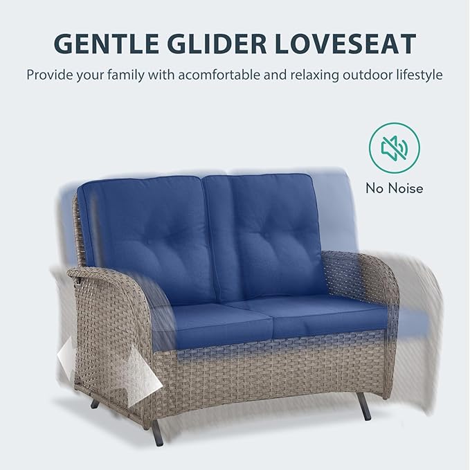 5 Piece Patio Furniture Set - Wicker Patio Conversation Set with Swivel Glider, Glider Loveseat, Tempered Glass Side Table and Coffee Table for Deck Backyard - Grey Wicker Blue Cushion