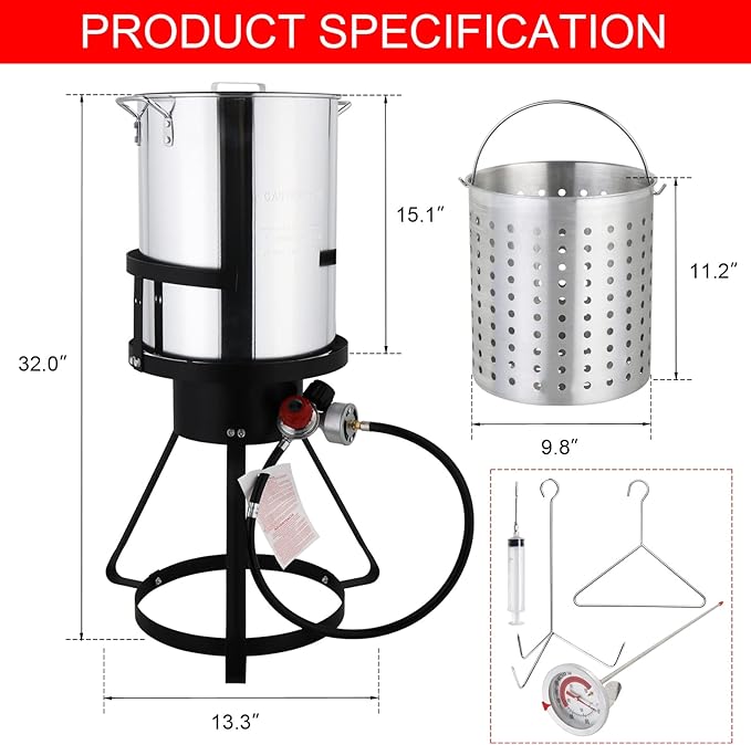 30 Qt. Aluminum Turkey Deep Fryer Pot with Injector Thermometer Kit and 54, 000 BTU Propane Stove Burner Stand for 20 Lbs Turkey, perfect for Outdoor Cooking and Frying