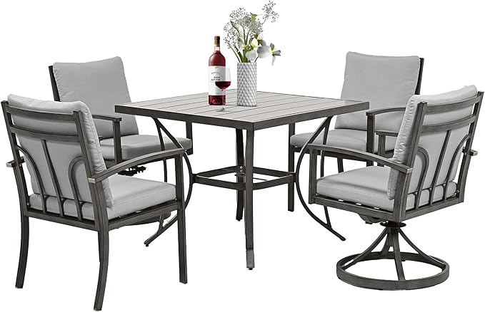 HAPPATIO 5-Piece Patio Outdoor Dining Sets - All Aluminum Outdoor Patio Table and Chairs Set for 4 Includes 1 Square Dining Table, 2 Dining Chairs, and 2 Swivel Dining Chairs, for Lawn or Garden