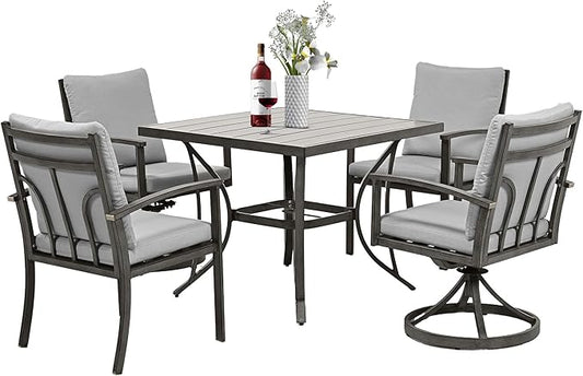 HAPPATIO 5-Piece Patio Outdoor Dining Sets - All Aluminum Outdoor Patio Table and Chairs Set for 4 Includes 1 Square Dining Table, 2 Dining Chairs, and 2 Swivel Dining Chairs, for Lawn or Garden