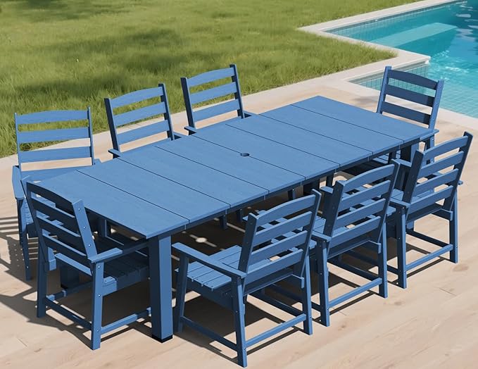 LOUNZY 9 Pieces Patio Dining Sets, 90'' Table Outdoor HDPE Furniture Set w/ 2" Hole Cut-Out Dining Table with 8 Patio Chairs for Lawn, Pool and Yard, Navy