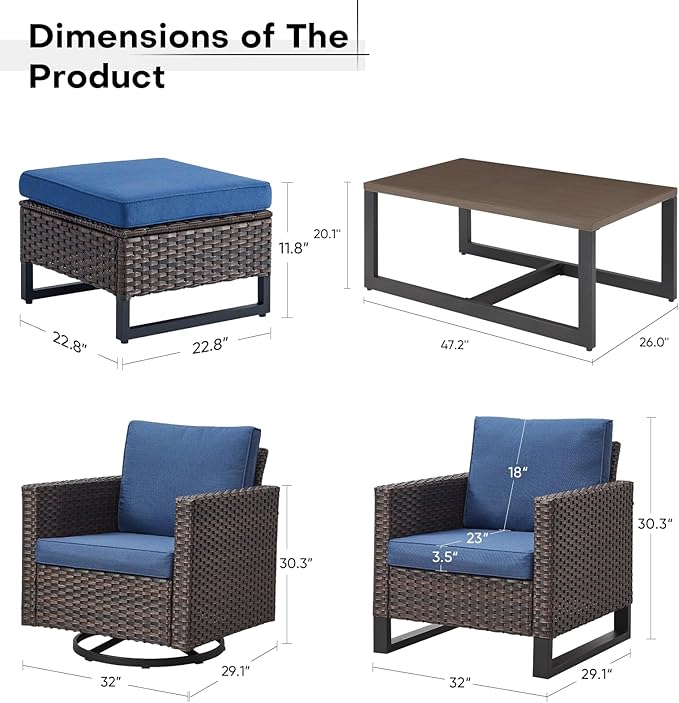 Wicker Patio Furniture Set：7 Piece Outdoor Patio Furniture Set with 2 Swivel Patio Chairs 2 Single Chairs a Coffee Table and 2 Ottomans, Brown Wicker/Blue Cushion