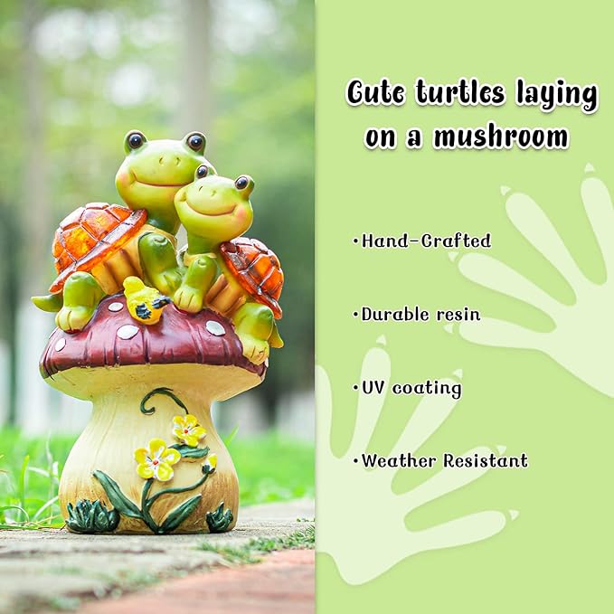 Garden Statues Turtles Outdoor Decor, Resin Turtles Figurines Lights Sculptures with Solar Light, Lovely Turtle with Mushroom for Garden Patio Yard