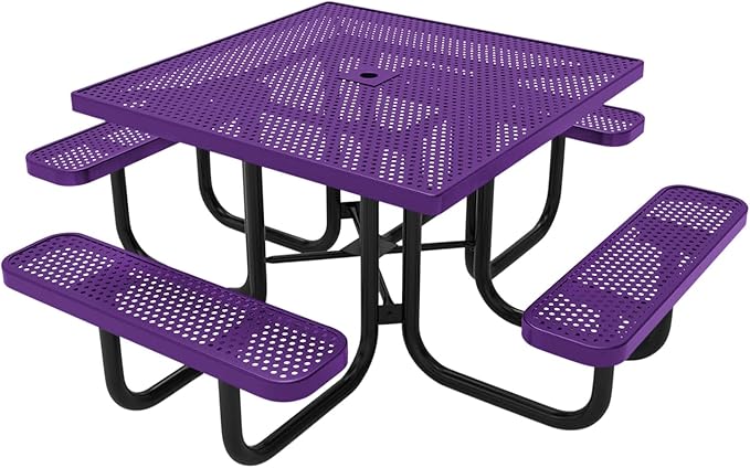 COATEDOUTDOORFURNITURE Heavy-Duty Portable Outdoor Picnic Table with Umbrella Hole, Punched Steel Commercial-Grade Patio Dining Furniture Made in America (46" Square Top, Textured Purple)