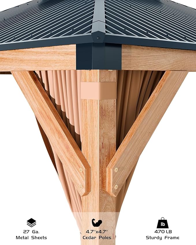 GAOMON Hardtop Spruce Wood Gazebo 12'x16', with Double Roof of Metal Sheets, 4.7'' Heavy Duty Poles, Net, and Curtain, Permanent Building for Patio, Deck, Backyard, Lawn, and Garden, Khaki