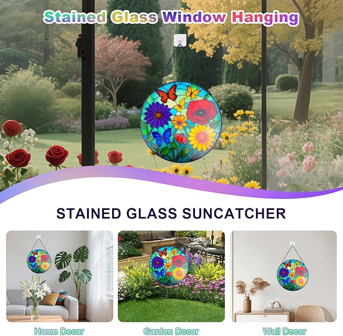 Wildflowers Stained Glass Window Hanging - Wildflowers Suncatcher for Indoor Window, Floral Stained Glass Decor for Garden, Home, Outdoor, Sun Catchers Birthday Gift for Women,Lovers and Mom 12 Inch