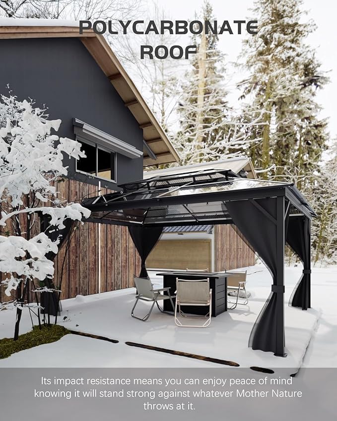 GAOMON Hardtop Gazebo 10'x13', with Double Polycarbonate Roof, Aluminum Alloy Frame, Net, and Curtain, Permanent Building of Backyard Luxury, for Patio, Deck, Backyard, Lawn, and Garden, Gray