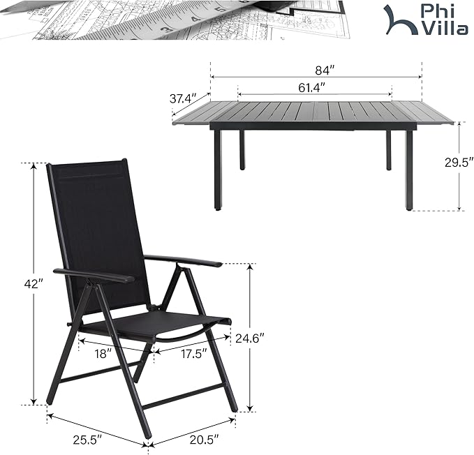 PHI VILLA 9 Piece Outdoor Dining Set, All Weather Furniture Patio Table and Chairs for 8 with Adjustable Lightweight Patio Folding Dining Chairs (Black) & Extendable Metal Table for Garden, Yard