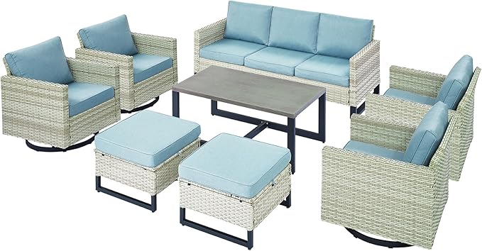 Wicker Outdoor Patio Furniture Set - 8 Piece Patio Conversation Set with 4 Swivel Rocker Chairs,2 Rattan Ottoman,1 Couch and 1 Metal Coffee Table for Outside Porch Deck Backyard(Light Grey/Sky Blue)