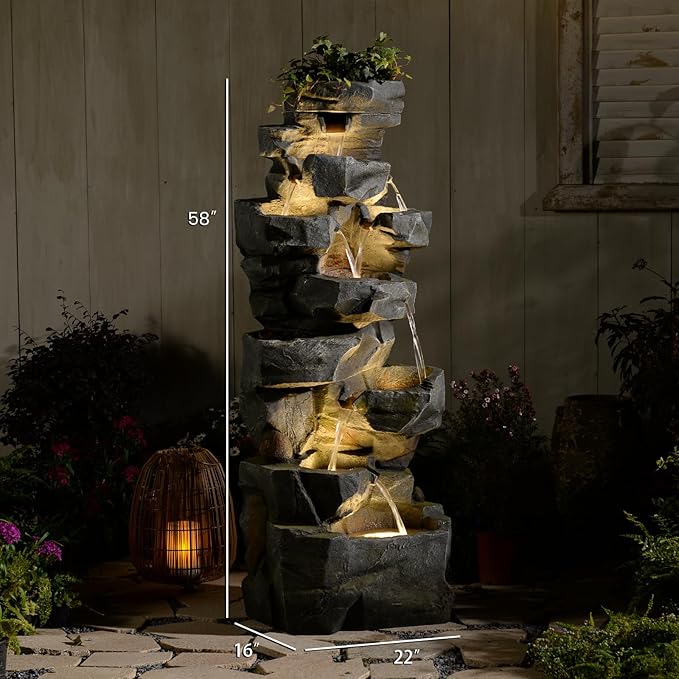 58“H Outdoor Garden Water Fountain 6 Tiers Large Cascading Rock Natural Waterfall Outdoor Fountain with LED Lights for Patio Porch Backyard Home Art Decor