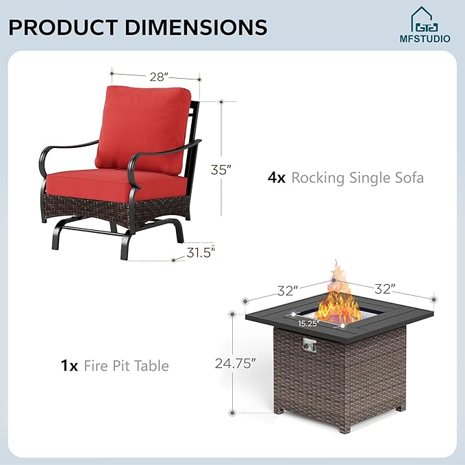 MFSTUDIO 5 Pieces Outdoor Patio Furniture Set, Metal Outdoor Conversation Sofa, Rattan Wicker Patio Sectional Sofa Set with 4 x Rocking Single Sofa, 1 x Fire Pit Table, Red