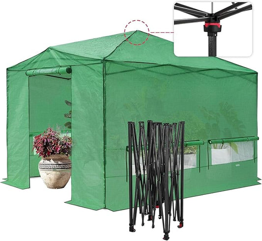 GarveeLife 6X8FT Portable Greenhouse for Outdoor, Walk-in Instant Pop-Up Greenhouse for Gardening Plant, Zipper Roll Up Door & Mesh Window, Double Frame, PE Cover Grow Tent for Winter, Green