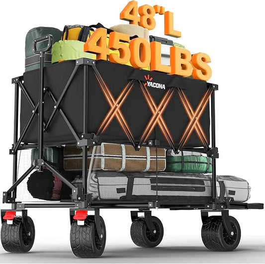 400L Large Double Decker Wagon Collapsible, 450lbs Beach Wagons Carts Foldable Heavy Duty, 54" Extended Utility Folding Cart for Camping, Garden, Sports, Grocery, Shopping