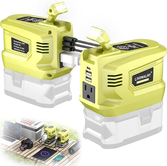 2PCS Real 200W Power Inverter for Ryobi, LIVOWALNY DC 18V to AC 110-120V Battery Inverter, Battery Adapter Phone Charger Converter 2 USB & 1 Type-C & 1 AC for Camping Essentials (Tool Only)