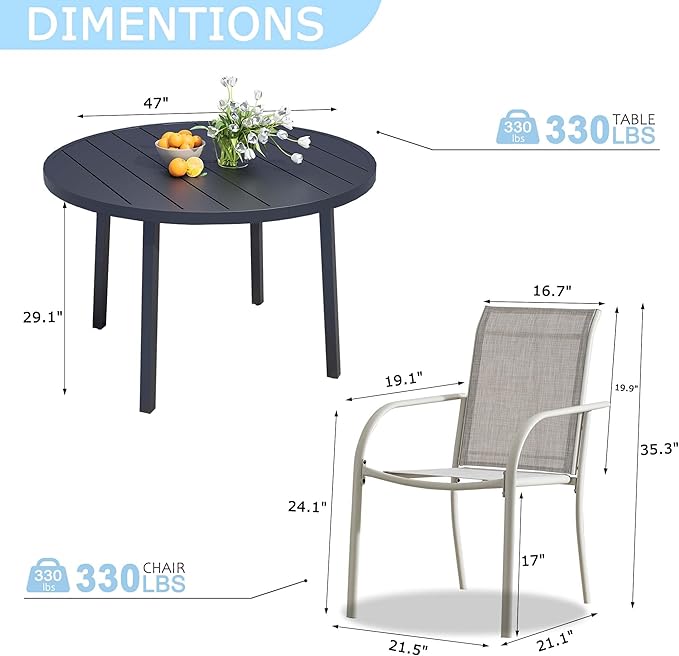 7 Pieces Round Dining Table Set for 6, Patio Dining Set Includes 6 Grey Stackable Patio Chairs and 1 Black Round Table Set of 6, Patio Furniture Sets with Sling Support for Outside, Garden