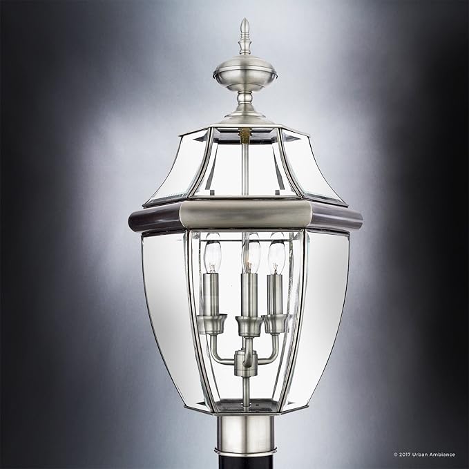 Urban Ambiance Luxury Colonial Outdoor Post Light, Large Size: 23" H x 12.5" W, with Tudor Style Elements, Versatile Design, Classy Aged Silver Finish and Beveled Glass, UQL1151