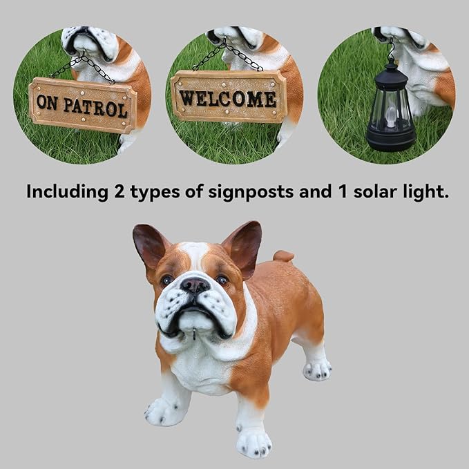 French Bulldog Outdoor Dog Statue with Reversible “Welcome/ON Patrol” Hanging Plaque and Solar Walkway Lantern, Brown & White Standing Yard Accent