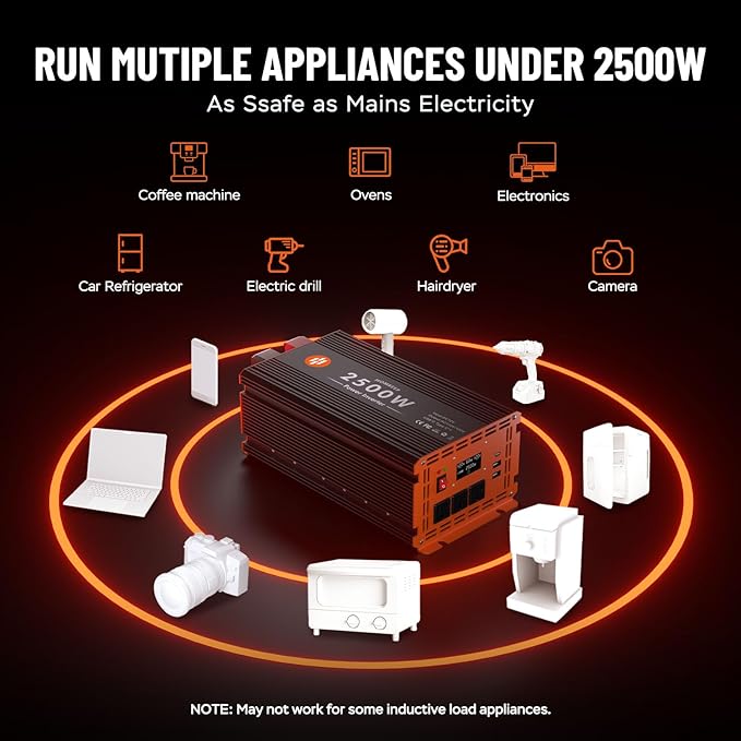 2500 Watt Power Inverter 12V DC to 110V/120V AC Converter Peak Power 5000W Car Inverter with LCD Display 3 AC Outlets, 2 USB & Type-C Port for RV,Truck,Off-Grid Solar System with Remote Controller