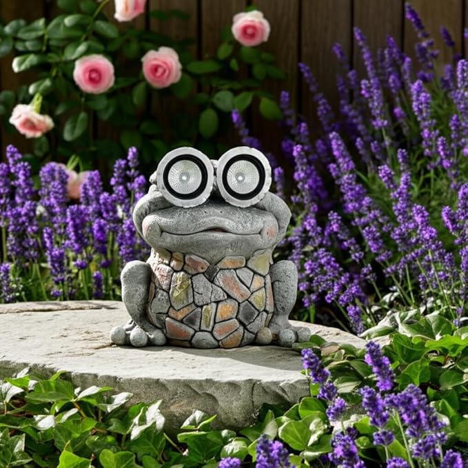 Solar Frog Garden Statue with LED Eyes – Resin & Polyresin Garden Sculpture, Ideal for Outdoor Lawn, Patio or Yard, Statue Home Decor Perfect for Outdoor Spaces – 12", Multi-Color Finish