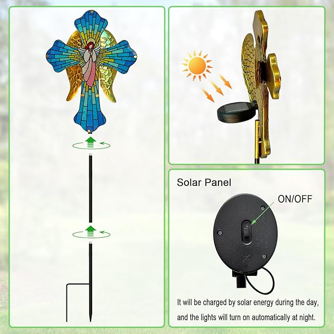 WAIU 33 Inch Solar Cross Garden Light Outdoor Decorative - Solar Acrylic Jesus and Metal Angel Wings Stake Light Waterproof Warm White LED for Remembrance Gifts & Sympathy Gifts.