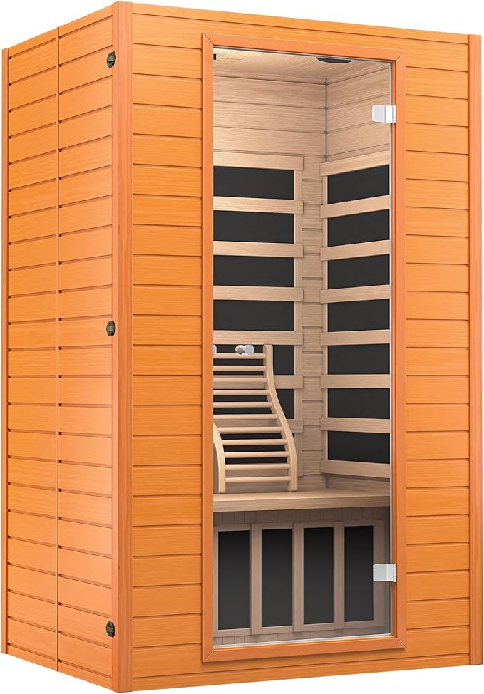 springspa Far Infrared Sauna for Home, Home Indoor Infrared Sauna for 2-Person, Canadian Hemlock Wood Sauna Room with Low Emf Red Light Therapy, 9 Chromotherapy Lights, Bluetooth Speakers