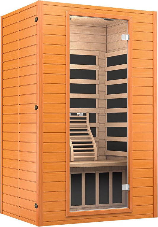springspa Far Infrared Sauna for Home, Home Indoor Infrared Sauna for 2-Person, Canadian Hemlock Wood Sauna Room with Low Emf Red Light Therapy, 9 Chromotherapy Lights, Bluetooth Speakers