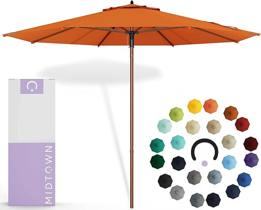 Midtown Umbrellas The Wooden 8 Feet Patio Umbrella With Sunbrella Canvas Tuscan Acrylic Fabric - Aluminum Frame Market Umbrella For Backyard, Deck, Garden, Pool - Wooden Pole