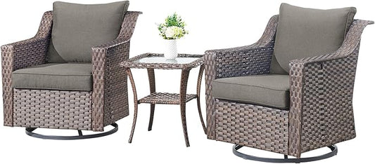 Outdoor Patio Table and Chairs Set - 3 Piece Outside Wicker Conversation Bistro Dining Furniture Sets with Glide Rocking Swivel Chair and Glass Top End Tables for Front Porch Balcony Yard – Brown/Grey