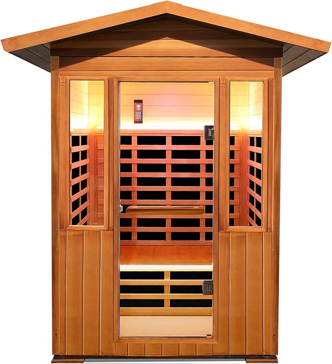 2 Person Outdoor Sauna Infrared Saunas Dry Sauna Room Red Cedar and Canadian Hemlock Wood Wooden Sauna Spa 1800W APP Control 7 Color Light 48.8 * 37 * 87.4inch