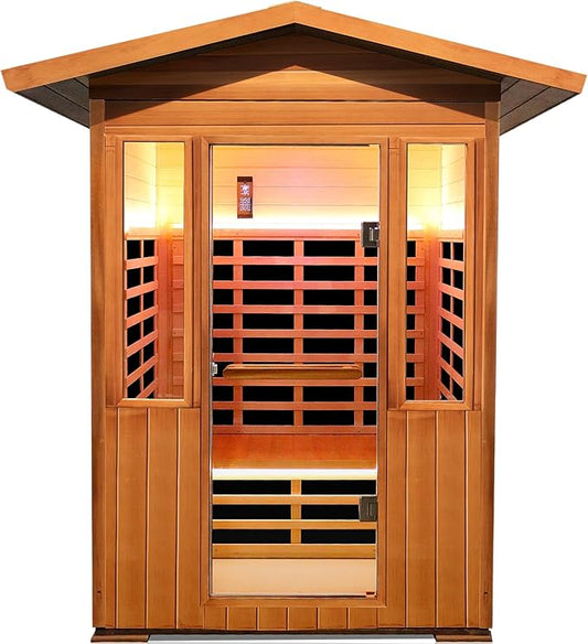 Outdoor Sauna 2 Person Sauna Outdoor Infrared Sauna 2-Person for Home 1800w Outdoor Saunas for Home Canadian Hemlock and Red Cedar Wood Sauna Outdoor Two Person Far Infrared Sauna Low EMF for Backyard