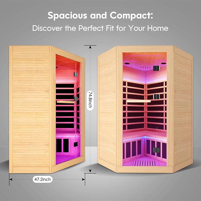 Corner Sauna for 2-3 Person Far Infrared Saunas Room Home Canadian Hemlock Indoor 2180W Low-EMF Dry Saunas with 7 Color Therapy 47.2 * 47.2 * 74.8inch