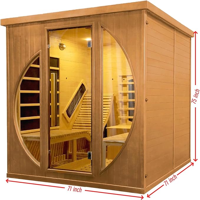 Far Infrared Wooden Sauna, Luxurious Canadian Hemlock Sauna with 2 Oversize Recliners, 220V, 3400 W, 9 Heating Element, Bluetooth Speakers, 7 Color Light, Oxygen Bar-Fast Delivery