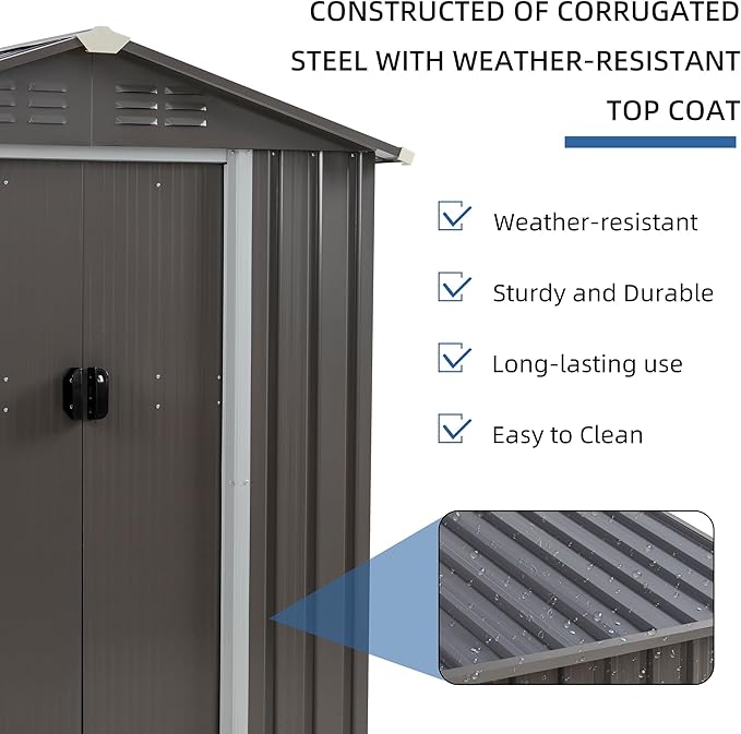 JYQAQA 6x4 FT Outdoor Garden Storage Shed,Waterproof Metal Garden Sheds with Lockable Double Door,Weather Resistant Steel Tool Storage House Shed forPatio,Lawn Gray