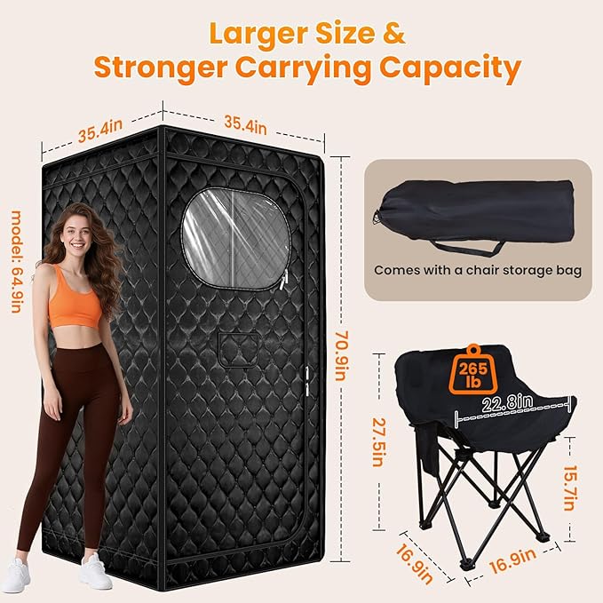 Portable Sauna for Home, Upgraded Personal Steam Sauna Box with 3L 1200W Steamer, Folding Chair, Extra Large Size Foldable Home Sauna 3’X 3’X 5.9’, Full Body Sauna Tent for Relaxation Spa, Black