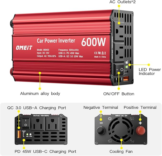600W Car Power Inverter, 12V DC to 110V AC Converter with 2 AC Outlets, 45W PD USB-C & 20W QC3.0 USB-A Fast Charging Ports, Car Plug Adapter for Laptop, Phone, Road Trip