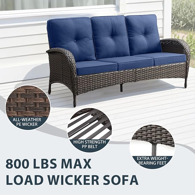 7 Piece Patio Furniture Set with Fire Pit Table - Wicker Patio Conversation Set with Swivel Glider, 3 Seat Sofa, Side Table and 2 Ottomans for Deck Backyard - Brown Wicker Blue Cushion